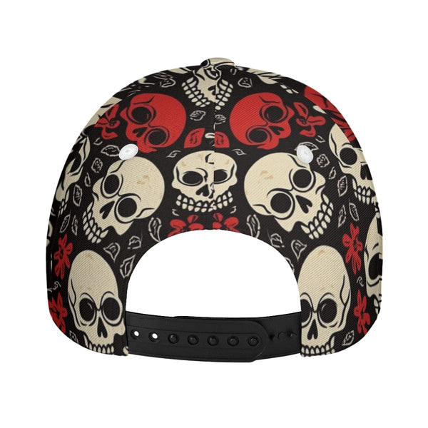 Red And White Skulls With Red Flowers Peaked Cap