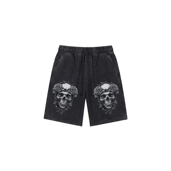 "Midnight Fade" Men’s Skull & Black Rose Vintage Wash Shorts