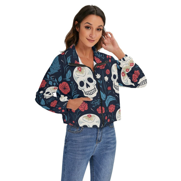 Women's Blue And Red Floral Skulls Zip Jacket