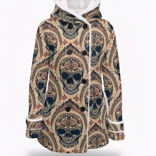 Women's Tribal Skulls Design Hooded Double-Breasted Winter Coat With Fleece