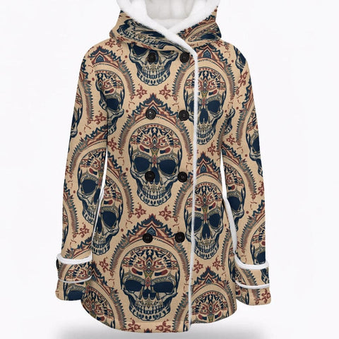 Women's Tribal Skulls Design Hooded Double-Breasted Winter Coat With Fleece