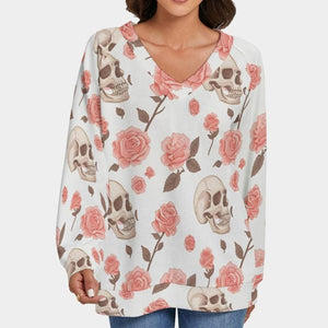 Women's Skulls &amp; Pink Roses V-neck Sweater With Long Sleeve