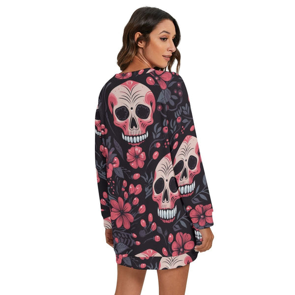 Women's Skulls Pink Flowers Round Neck Raglan Sleeve Sweater