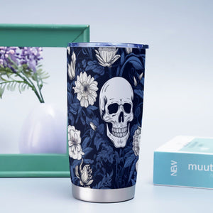 White Flowers With Blue Leaves And Skulls Tumbler 20oz