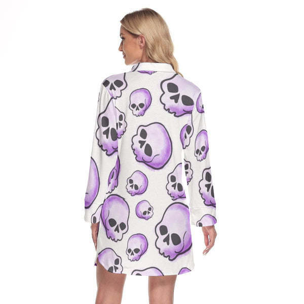 Women's Purple Skulls Lapel Shirt Dress With Long Sleeve