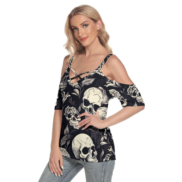Women's Black With Skulls Cold Shoulder T-shirt With Criss Cross Straps