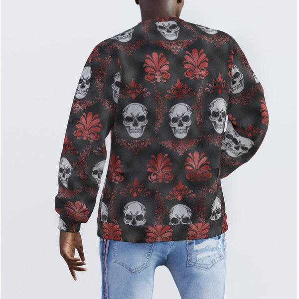 Men's Red Pattern With Skulls Long Sleeve Sweater