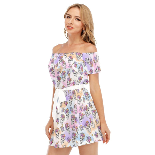 Pastel Skull Off Shoulder Ruffle Dress