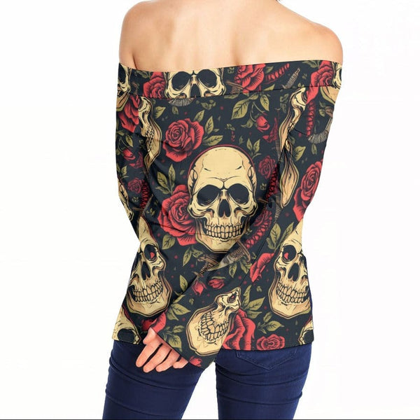 Women Skulls With Red Roses Off-Shoulder Long Sleeve Top