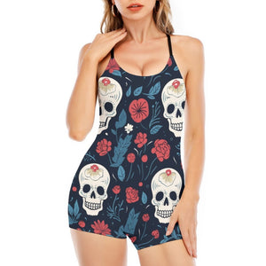 Women's Skulls With Red Flowers Backless Romper With Black Straps