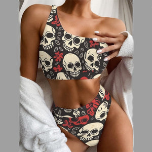 Women's Red White Skulls Two Piece Bikini With Single Shoulder