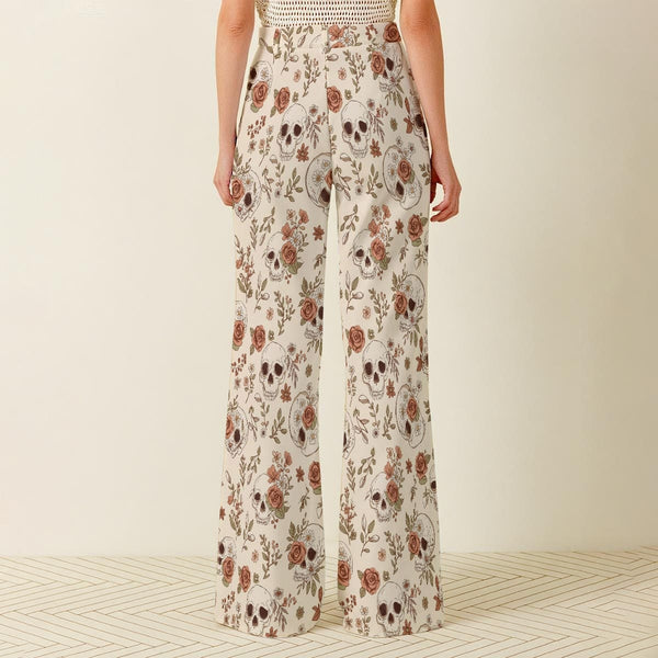 Women's Beigh Skulls With Vines Wide Leg Pants