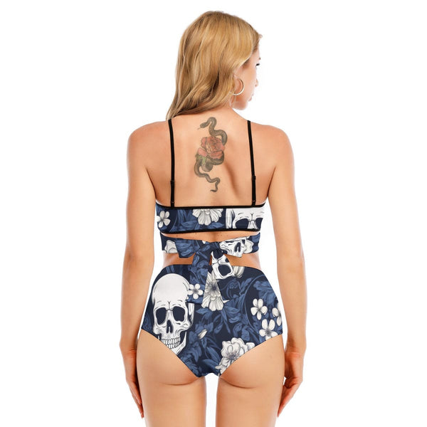 Women's Skulls blue Floral Bikini Swimsuit With Cross Straps