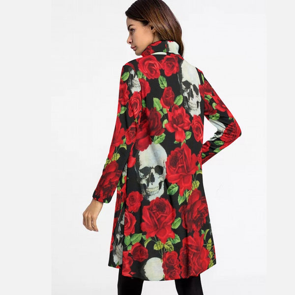 Women's Skulls Red Roses High Neck Dress With Long Sleeve