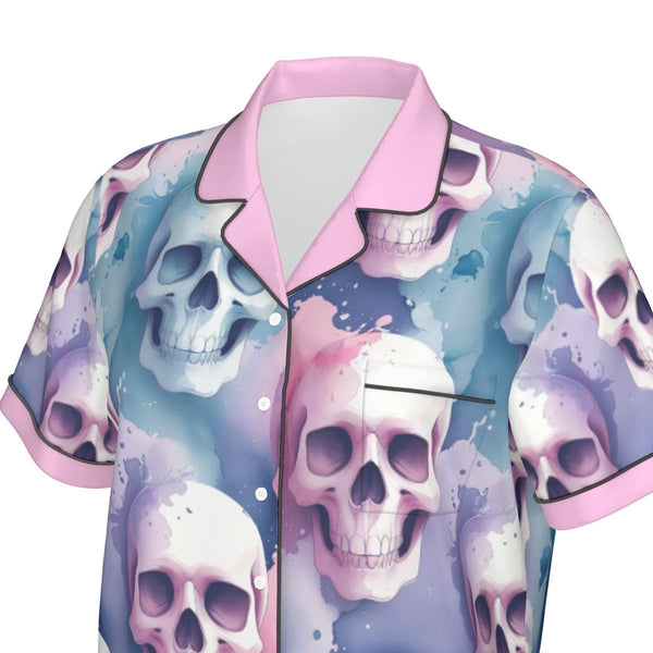 Women's Purple Blue Skulls With Short Sleeve Pajama Set
