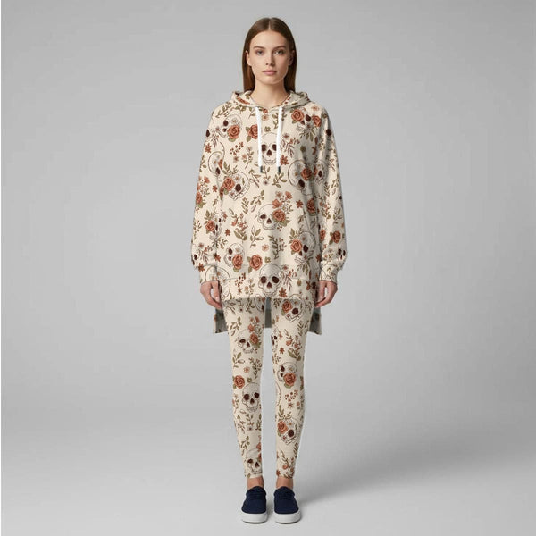 Women's Beigh Brown Skulls Floral Stretch Hoodie & Leggings Set