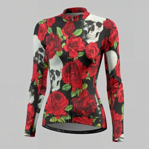 Women's Skulls &amp; Red Roses Cycling Jersey With Long-Sleeve