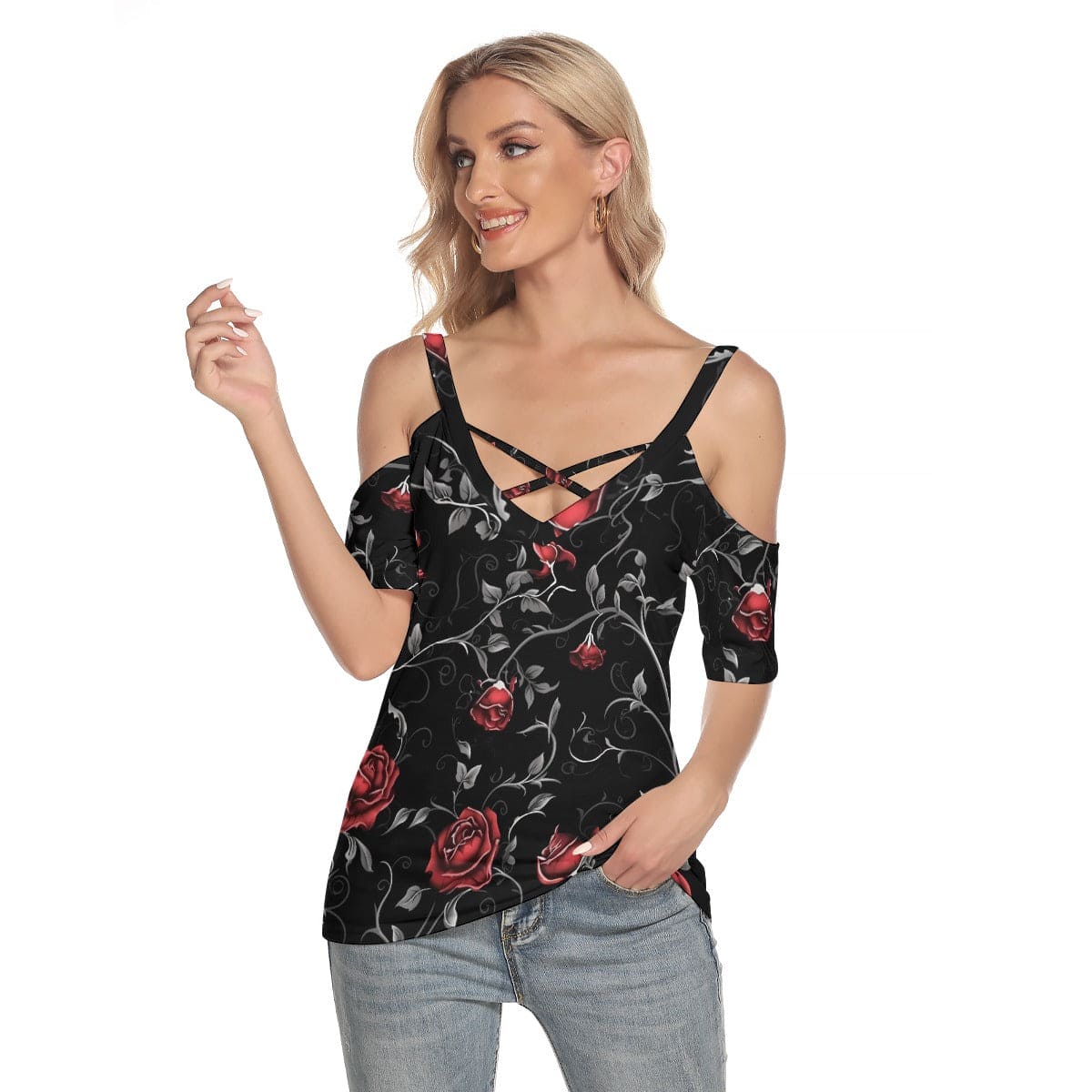 Women's Gothic Black Red Roses Cold Shoulder T-shirt With Criss Cross Strips