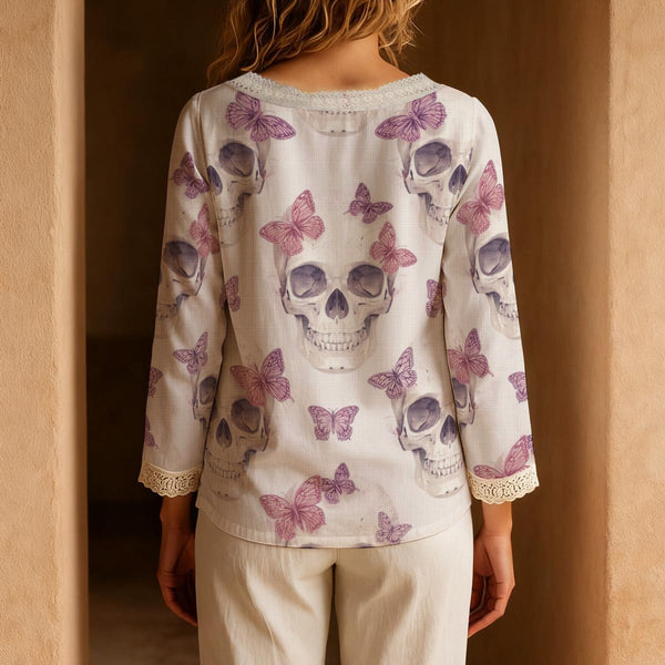 Women's Butterfly Skulls Long-Sleeve Casual Top With Tie Collar