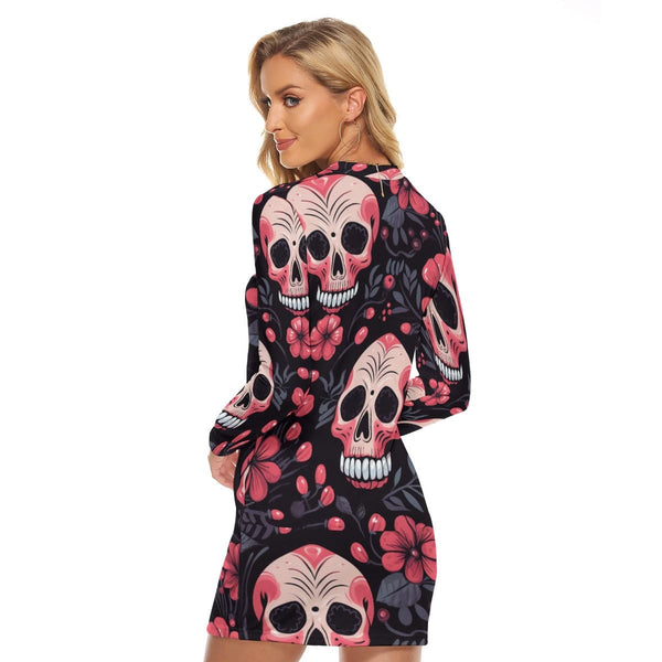 Women's Pink Floral Skull Zip Front Bodycon Long Sleeve Dress