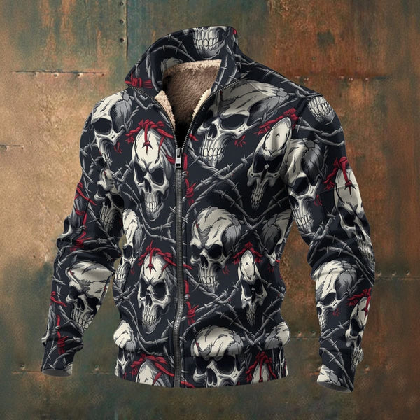 Men's Skulls With Red Barb Wire Thick Knit Fleece Jacket