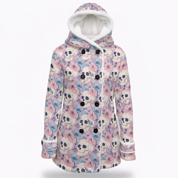 Women's Pastel Skulls Floral Hooded Double-Breasted Winter Coat With Fleece