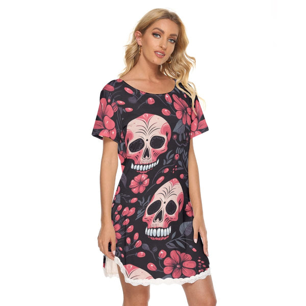 Women's Skulls With Pink Flowers Dress With Lace Edge