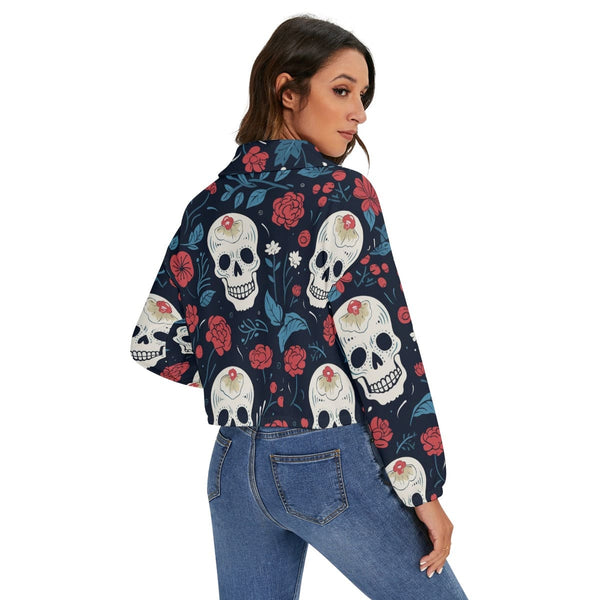 Women's Blue And Red Floral Skulls Zip Jacket