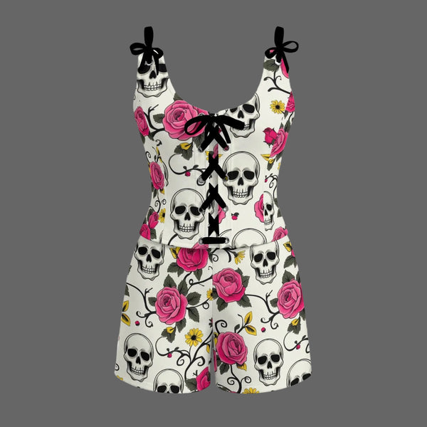 Edgy Romance Two-Piece Set: Skull Roses Shorts & Top