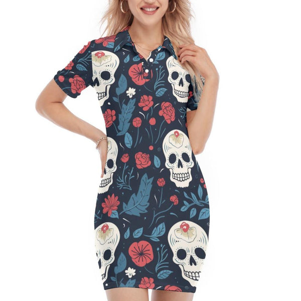 Women's Skull Red Blue Floral Polo Collar Dress