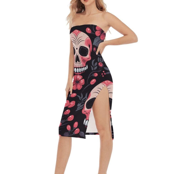 Women's Pink Floral Skulls Side Split Tube Top Dress