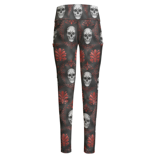 Women's White Skulls Red Floral Yoga Leggings With Side Pockets