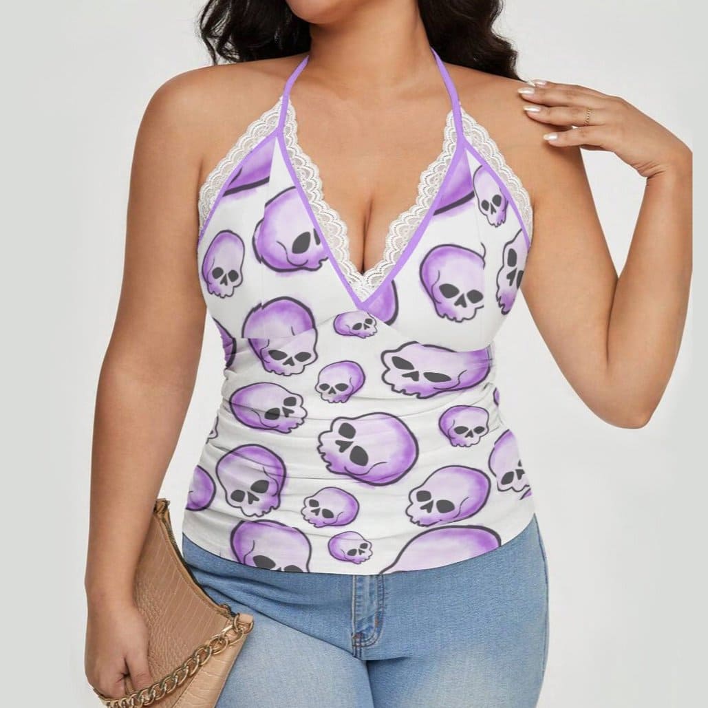 Women's Purple Skulls Lace-Trimmed Tie-Back Tank Top