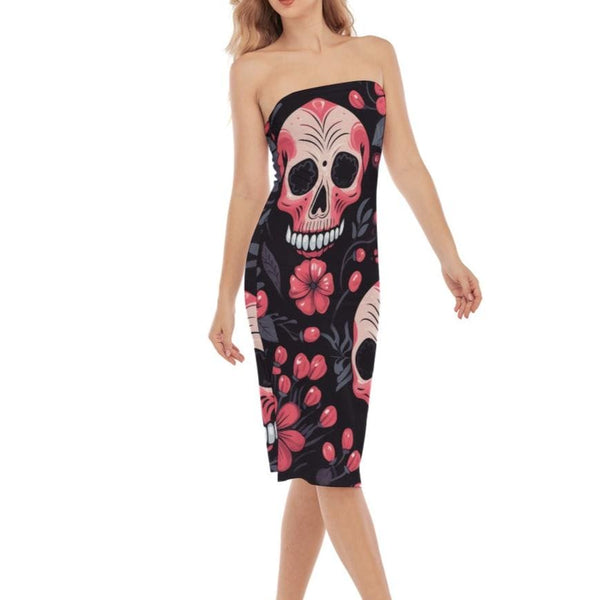 Women's Pink Floral Skulls Side Split Tube Top Dress