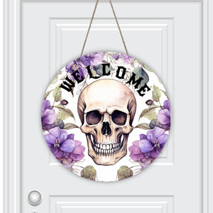 Welcome Skull And Purple Flowers Round House Door Hanger