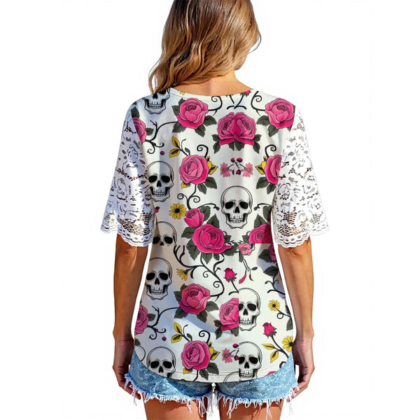 Women's Skulls With Pink Roses And Vines Lace Sleeve Blouse