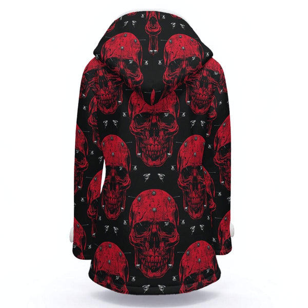 Women's Red Skulls Hooded Double-Breasted Winter Coat With Fleece