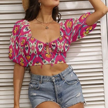 Women's Mexican Skulls Square Collar Cropped Top With Puff Sleeve