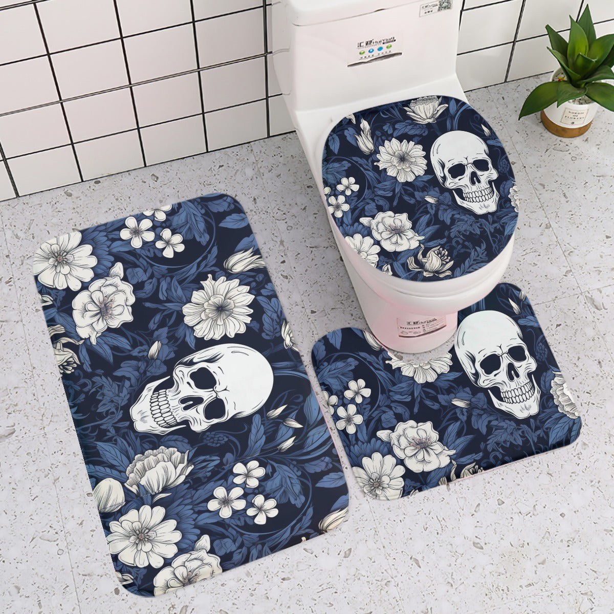 Blue White Flowers Skull Three-piece toilet