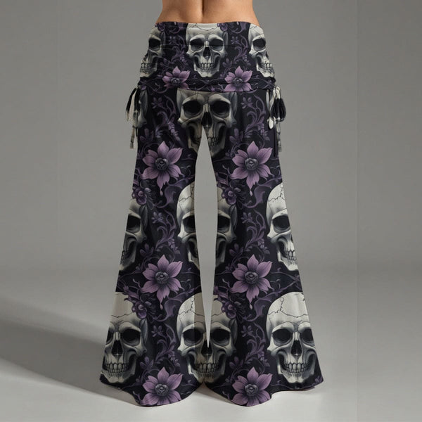 Women's Purple Floral Skulls High Waist Wide Leg Pants