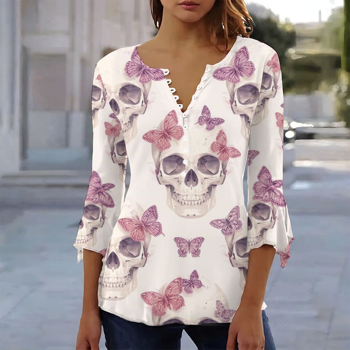 Women's Skulls &amp; Butterflies Blouse With 3/4 Sleeve