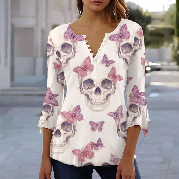 Women's Skulls &amp; Butterflies Blouse With 3/4 Sleeve