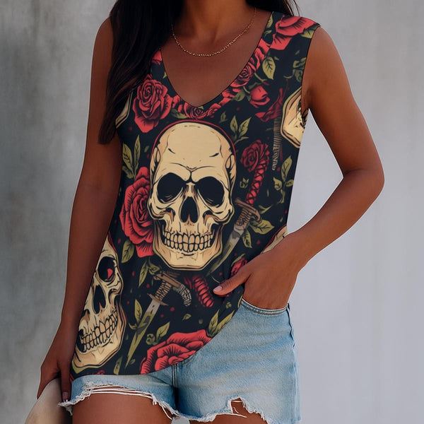 Women's Skulls & Red Roses Sleeveless V-Neck Tank Top