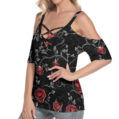 Women's Gothic Black Red Roses Cold Shoulder T-shirt With Criss Cross Strips