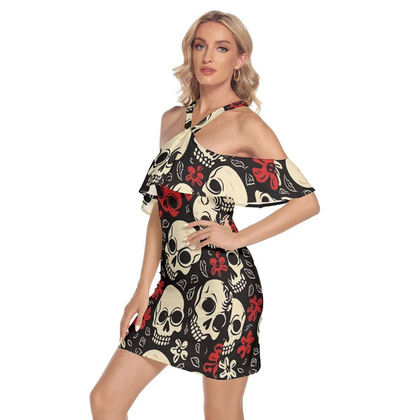 Women's Red & White Cold Shoulder Cami Dress With Ruffle