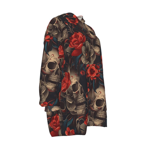 Women's Skulls With Red Flowers Sherpa Fleece Hoodie