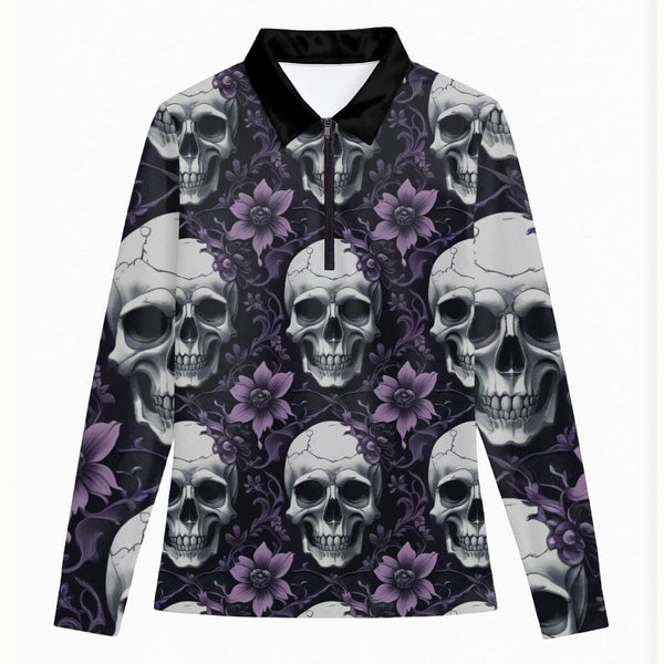 Women's Purple Floral Skulls Quarter Zip Long Sleeve Sport Top