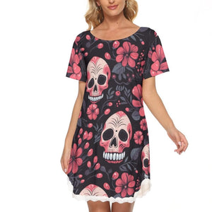 Women's Skulls With Pink Flowers Dress With Lace Edge