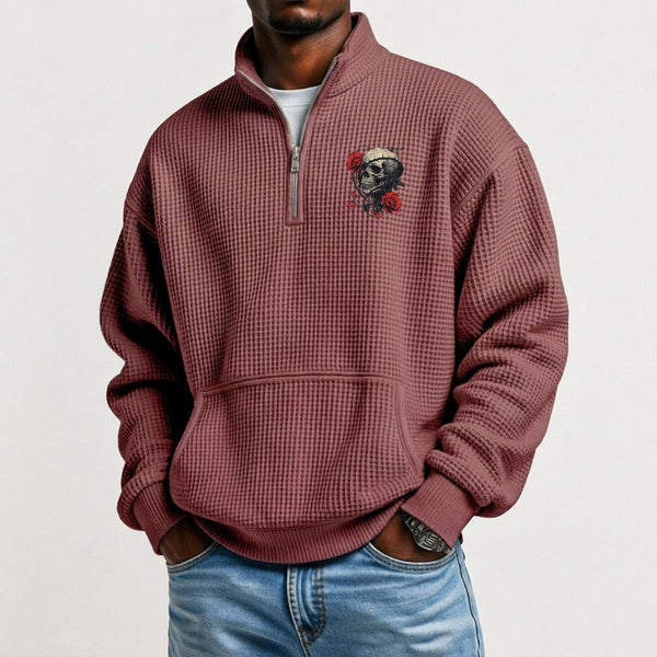 "Final Bloom" Men’s Skull & Roses Waffle Knit Half-Zip