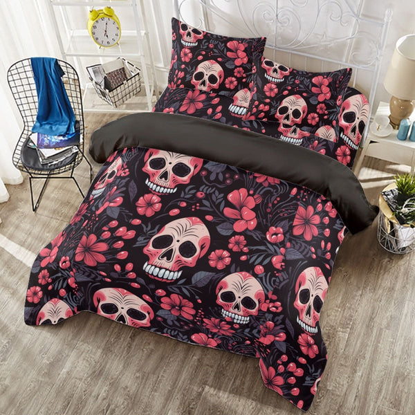 Pink Skulls And Flowers Four-piece Duvet Cover Set